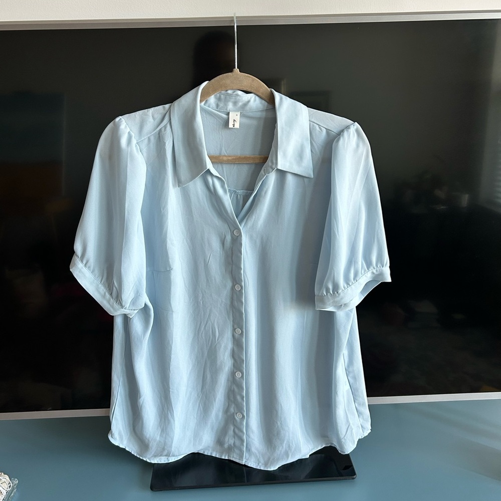 Romi Story South Korean Fashion Light Blue Button-Up Blouse